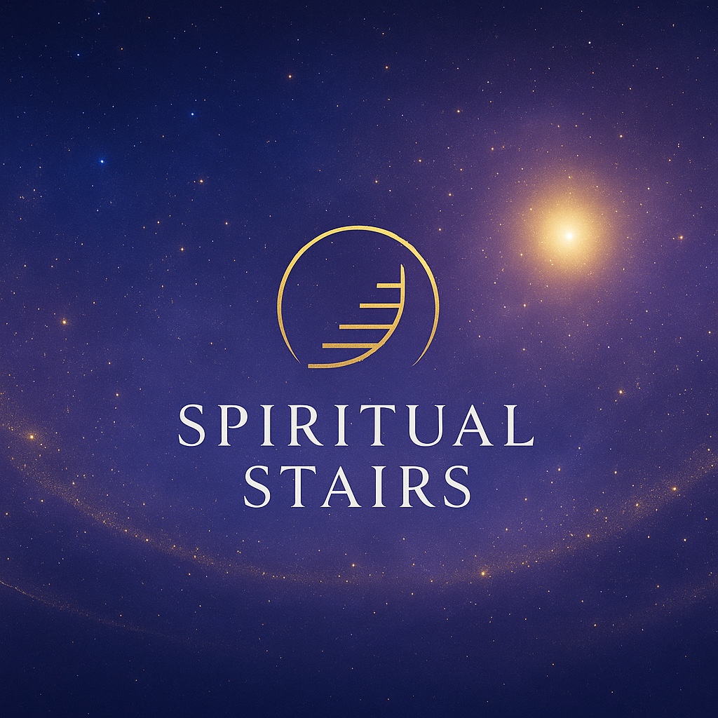 Spiritual Stairs gold logo against a starry sky